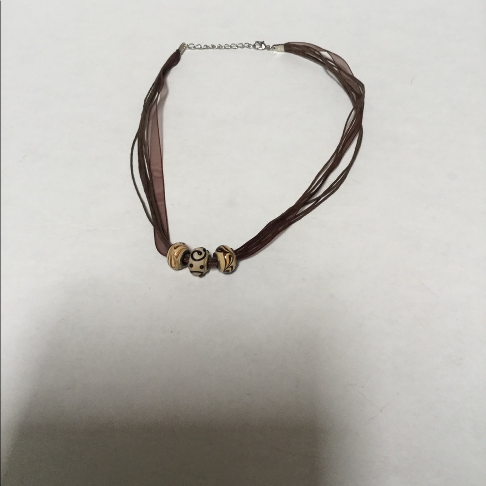 Brown beaded ribbon necklace